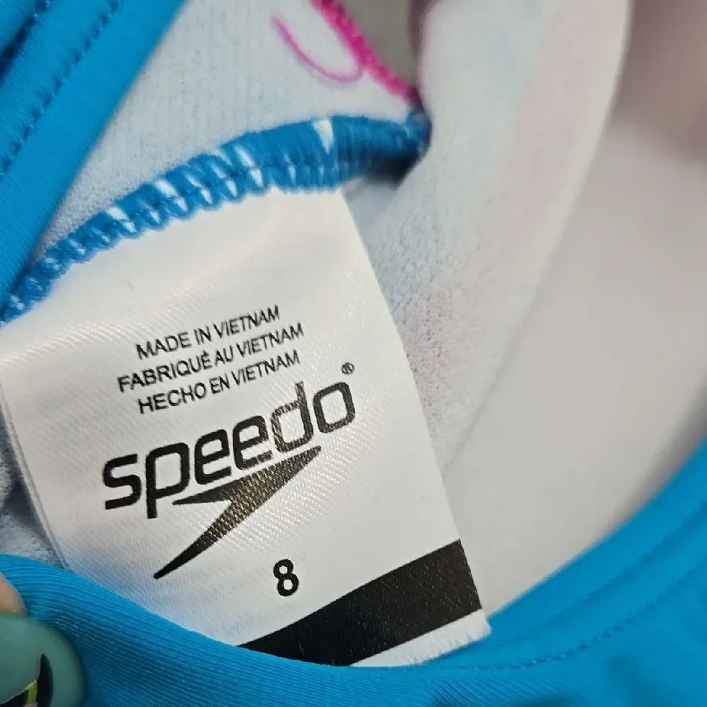 Speedo Girls One Piece Swimsuit Pink Gray Racerback UPF 50+ Size 8 Bathing Suit